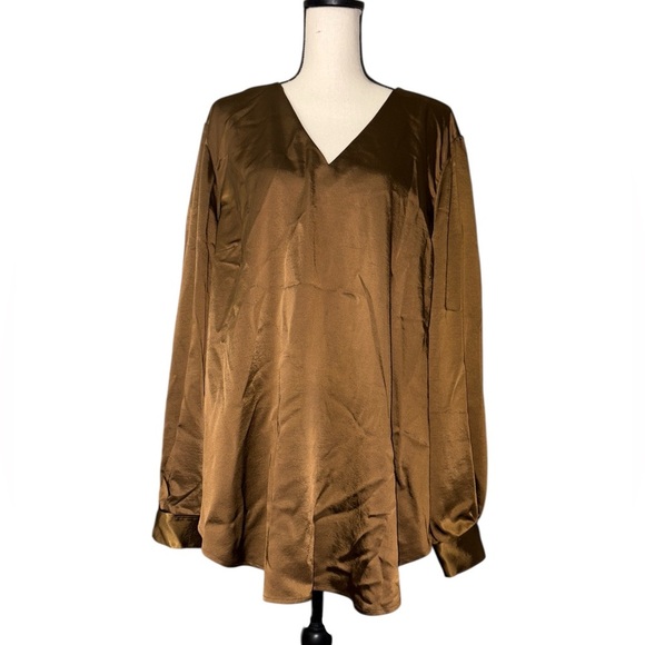 Universal Standard Eva Long Sleeve Satin V-Neck Blouse in Caramel size 22 - Picture 8 of 10